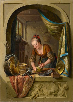 A young woman cleaning pans at a draped stone arch.